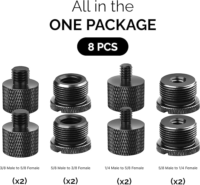 IXTECH Mic Stand Adapter Set 8 pieces Metal Microphone Stand Screw Thread Adapter 5/8 Female to 3/8 Male 3/8 Female to 5/8 Male 5/8 Female to 1/4 Male 1/4 Female to 5/8 Male Tripod Adapter ADP03 Black