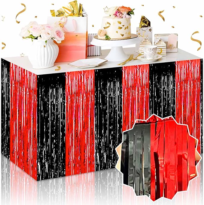 3 Pack 29 x108 Inch Black and Red Foil Fringe Table Skirts Metallic Banner for Tinsel Streamer Garland Backdrop for Parade Floats Mother's Day, Graduate, Birthday, Wedding Party Decoration