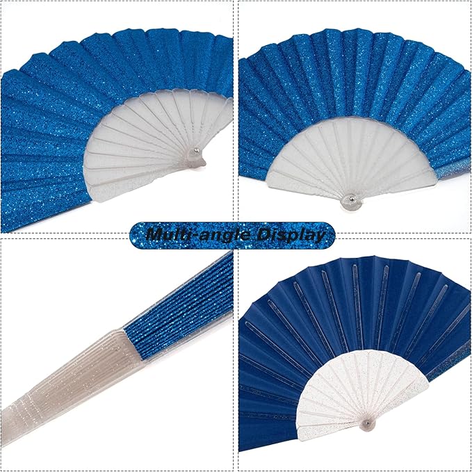 24 Pack Handheld Fan,Folding Hand Glitter fan with Shining Transparent Fan Rib – Ideal for Wedding, Church, Festival, Dance, Tea Party, Club, and EDM Accessories, Royal blue