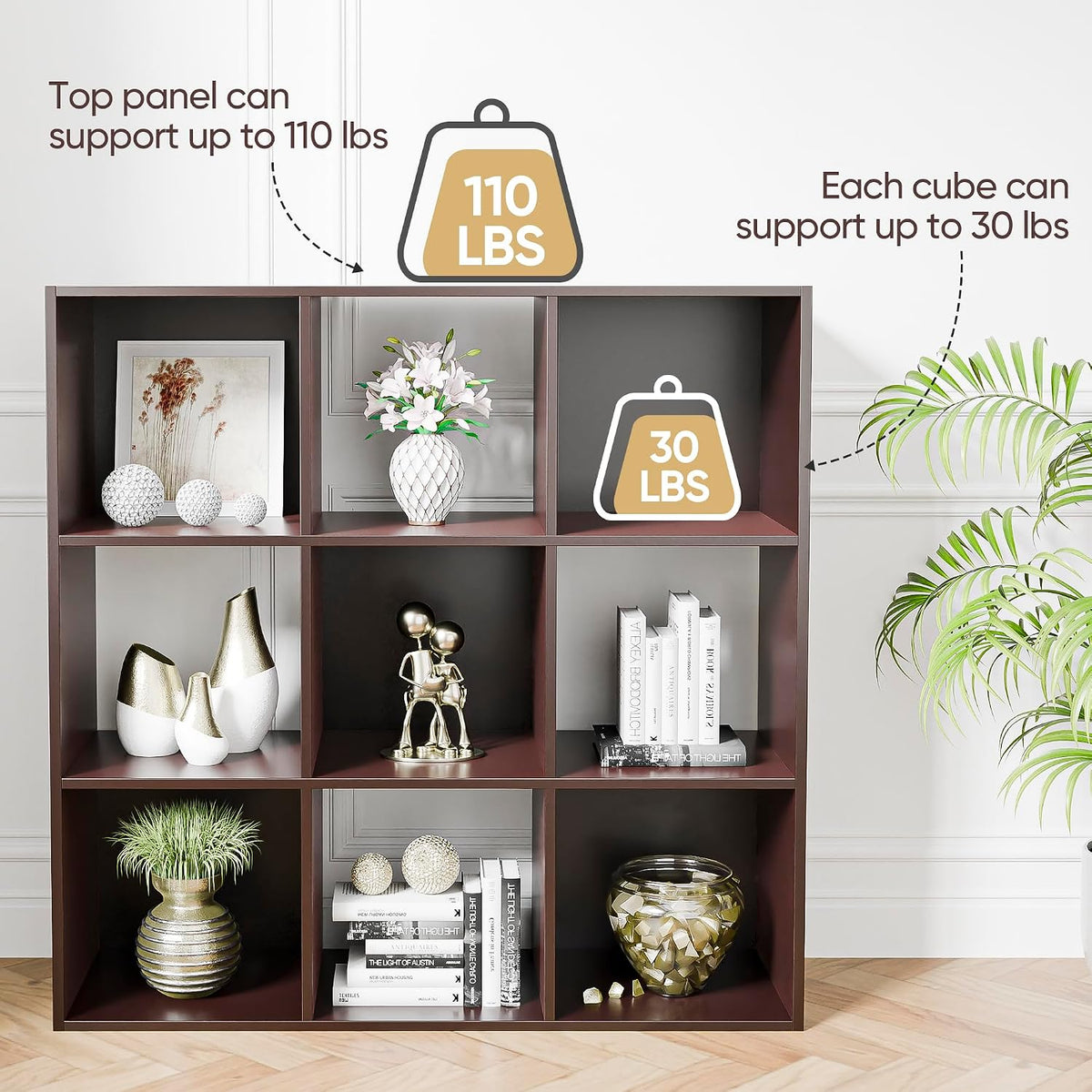 zenstyle 9 cube storage shelf organizer, wooden bookshelf, side view