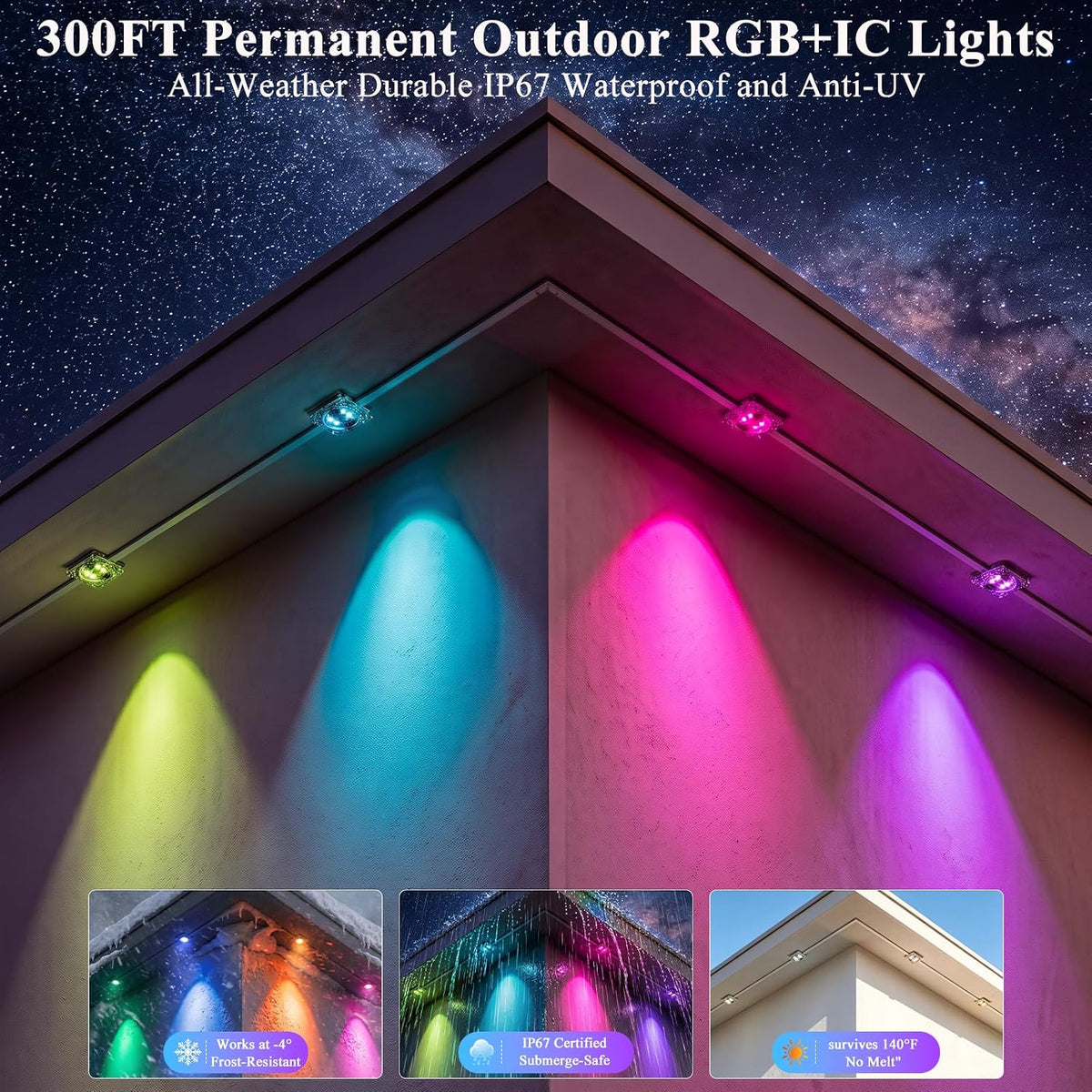 300FT RGB+IC Permanent Outdoor Lights, IP67 Waterproof, Smart App/Remote Cont...