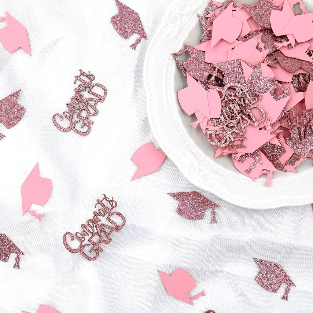 200PC Rose Gold Pink Graduation Confetti Decorations Class of 2026 Glitter Congrats Grad Confetti for Table Graduation Cap Scatters for Pink Grad Party decorations 2026