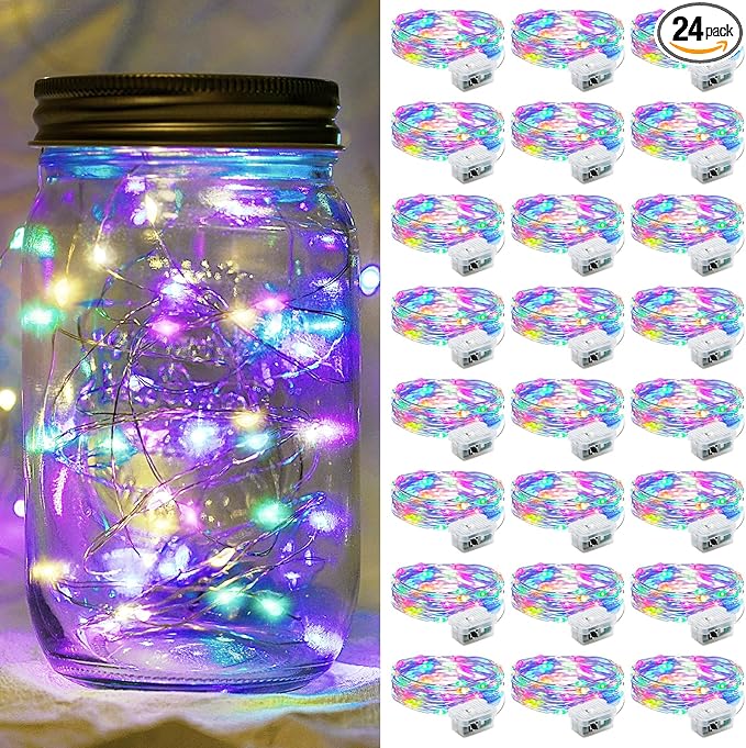 Fairy Lights 7Ft 20 LED Twinkle String Lights 3 Modes Battery Operated Waterproof Firefly Starry for Mason Jar Party Wedding Christmas Valentines Day Table Centerpieces(Rainbow, 24 Pack)