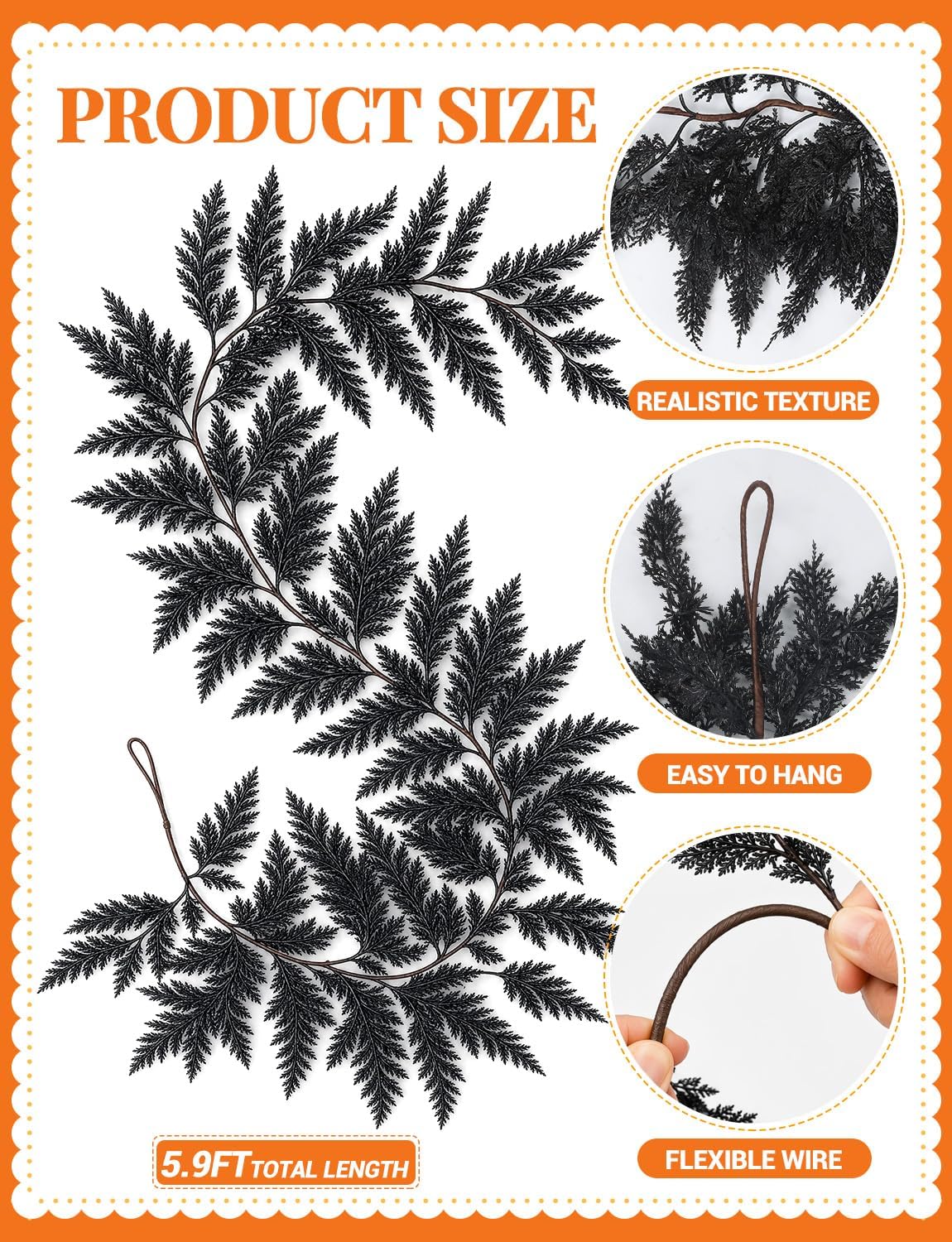 5.91 ft black halloween cedar pine garland, realistic shown in use