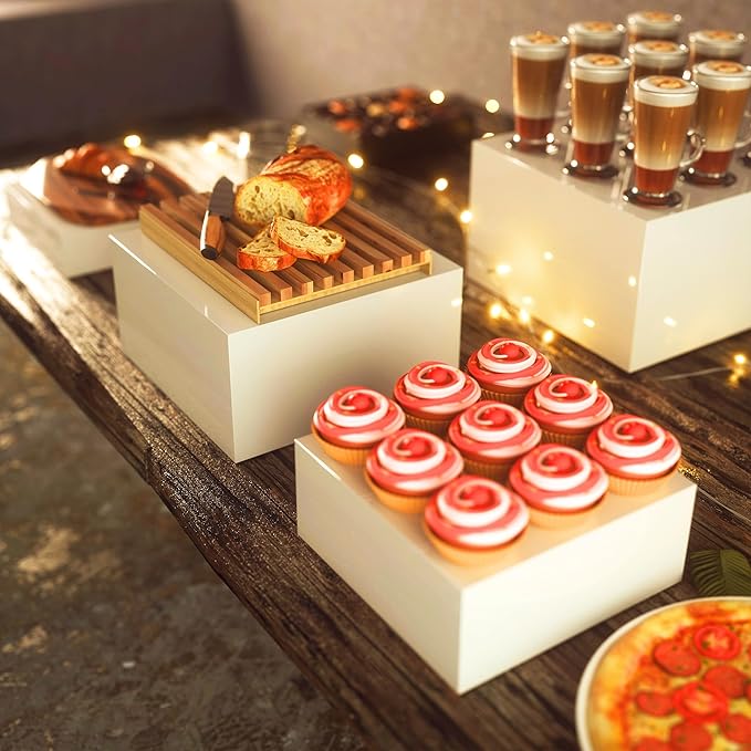 10” Large Buffet Risers with Mini Signs, Table Risers, Buffet Risers and Stands, Acrylic Cube Display Box Riser for Catering Party Buffet Table Food Display, Dessert, Cakes - White, Set of 4 Boxes