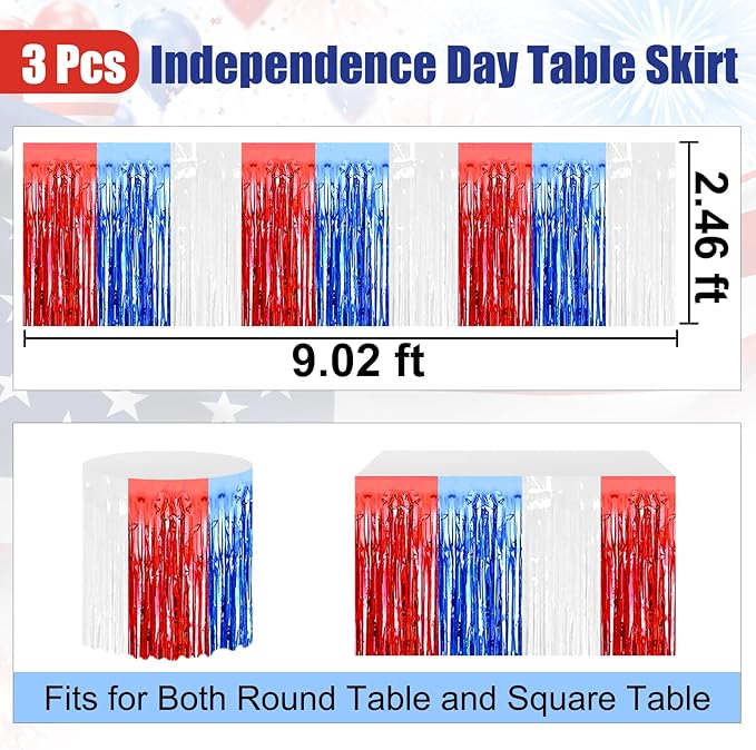 3 Pack 29 x108 Inch White Blue Red Foil Fringe Table Skirts Metallic Banner for Tinsel Streamer Garland Backdrop for Parade Floats Wedding Thanksgiving Birthday Christmas New Year Party Decoration