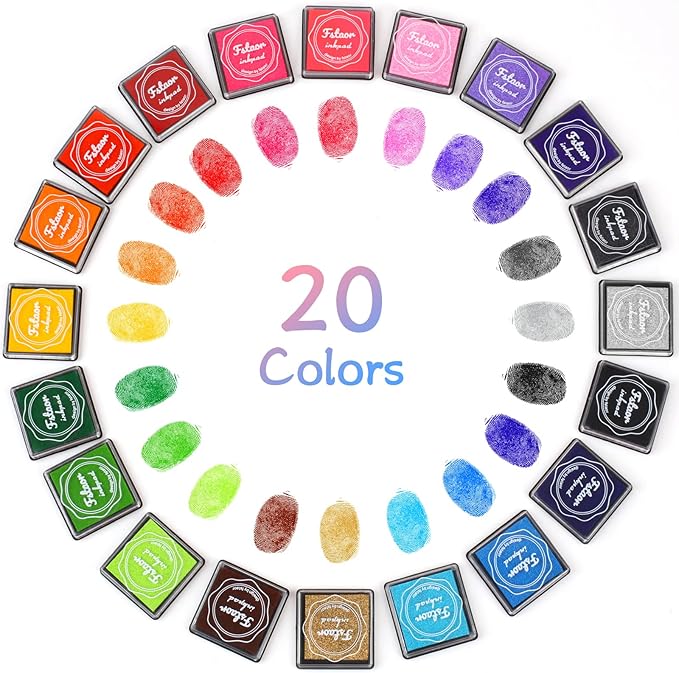 Fstaor 20 Colors Washable Ink Pads for Kids Rubber Stamps, Finger Print Crafts Stamp Pad for Kids, Paper, Scrapbooking, Fabric,Wood (Pack of 20)