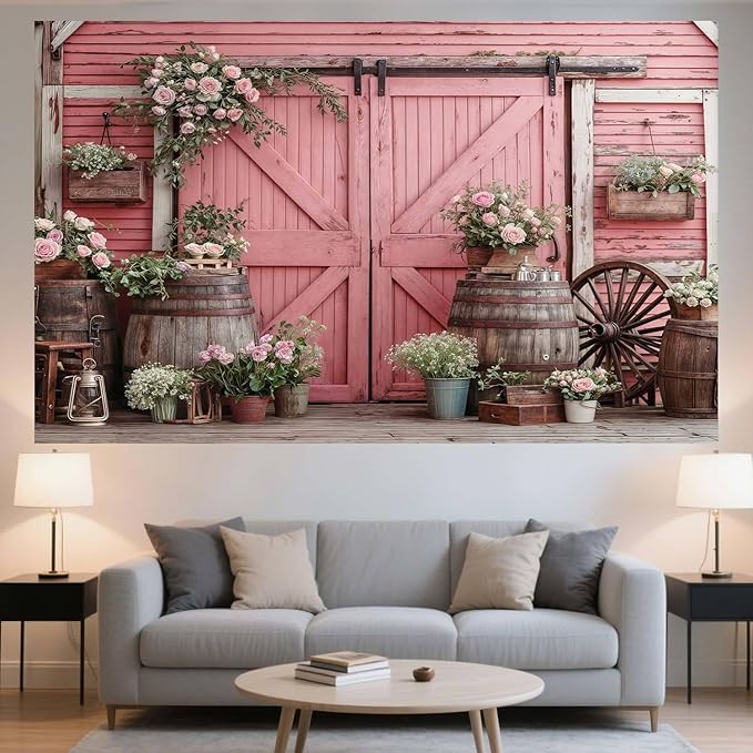 9x6ft Country Wedding Photography Backdrop Rustic Barn Door Photography Backdrop Farmhouse Pink Flower Cabin Wooden Birthday Baby Shower Wedding Bridal Party Banner Photo Booth Props Background