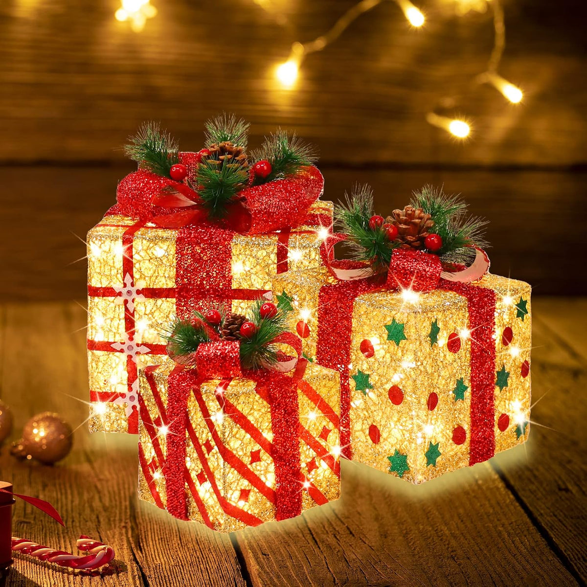 [large 9.5"x8"x6.5" christmas set of 3 lighted gift, main product view