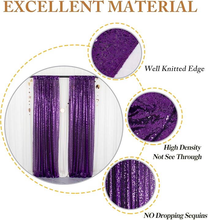 ShinyBeauty 4 Panels Purple Sequin Curtains | 2Ft x 8Ft Sparkle Photo Backdrop | Shimmer Background for Parties & Events | Mermaid Theme | Durable & Elegant Fabric Backdrop