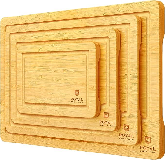ROYAL CRAFT WOOD Wooden Cutting Boards for Kitchen Meal Prep & Serving - Bamboo Wood Serving Board Set with Deep Juice Groove Side Handles - Charcuterie & Chopping Butcher Block for Meat