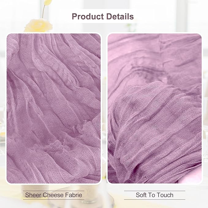 6 Pack Lilac Cheesecloth Table Runner 35x120 Inch 10Ft Rustic Gauze Cheese Cloth Table Runner Sheer Cheesecloth Table Runners for Wedding Party Bridal Shower Decoration