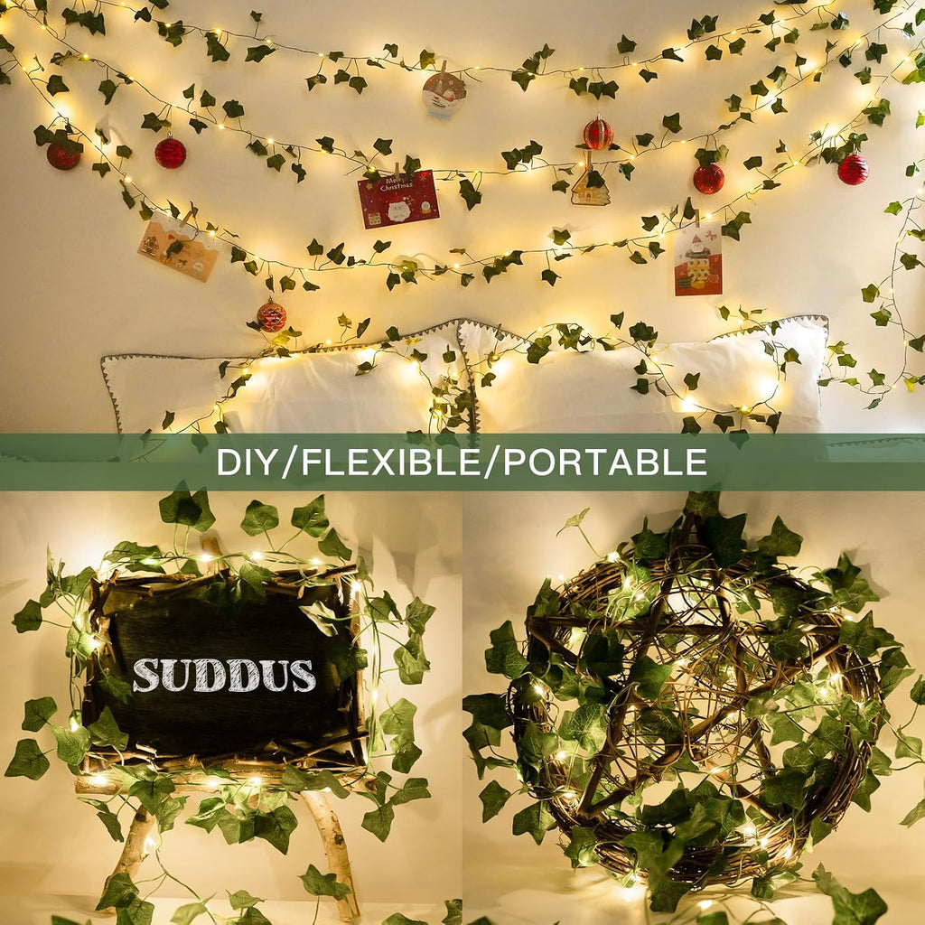 suddus Vine with Fairy Lights Battery Operated, 33ft 100 LED Ivy String Lights with Remote, Leaf Lights for Bedroom, Room, Wall, Garden, Party, Wedding Dorm Decor (Warm White)