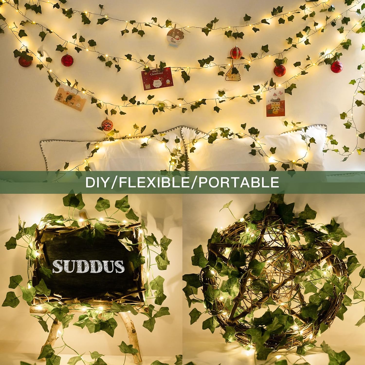 suddus Vine with Fairy Lights Battery Operated, 33ft 100 LED Ivy String Lights with Remote, Leaf Lights for Bedroom, Room, Wall, Garden, Party, Wedding Dorm Decor (Warm White)