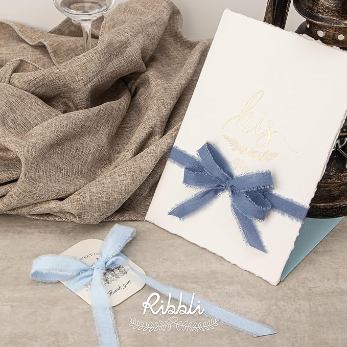 Ribbli 3 Rolls Blue Ribbon 5/8 Inch x 18Yards Light Blue Baby Blue Dusty Blue Handmade Cotton Frayed Fringe Ribbons for Gift Wrapping Wedding Invites Bridal Bouquets Baby Shower DIY Crafts Home Decor
