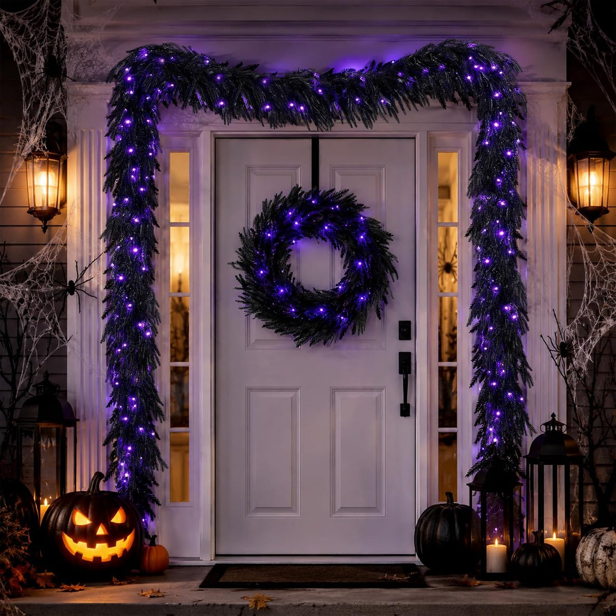 n&t nieting 9ft black halloween pre-lit garland with shown in use