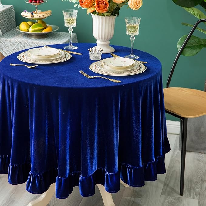 Velvet Tablecloth Luxurious Solid Round Table Cloth,Oblong Retro Farmhouse Ruffle Tablecloths Washable Table Cover for Party Wedding Baby Shower Kitchen Dinning Tabletop Decoration