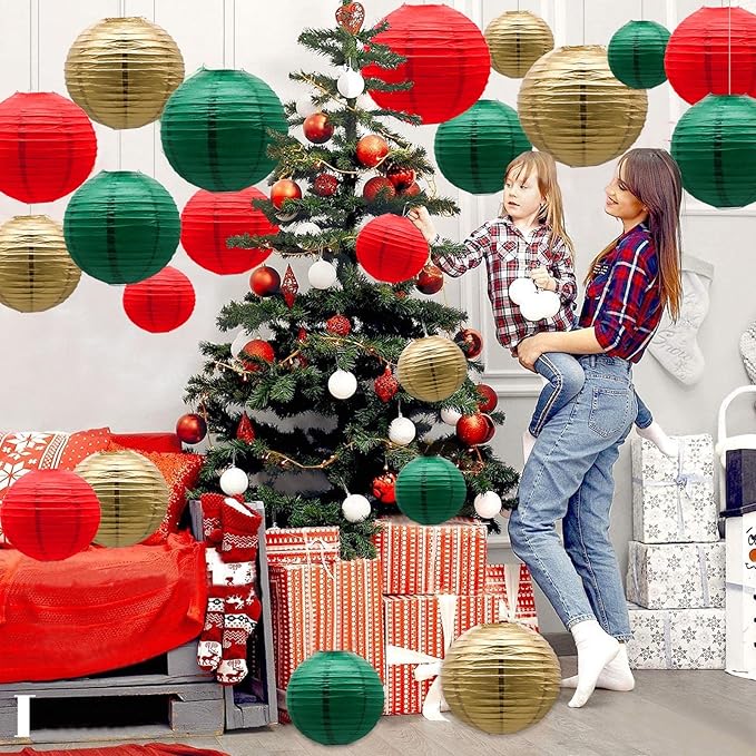 ADLKGG Paper Lanterns Decorative, Round Hanging Lantern for Italian Party Mexico Party Graduation Christmas Anniversary Birthday Decorations Green/Red/Gold 21pcs