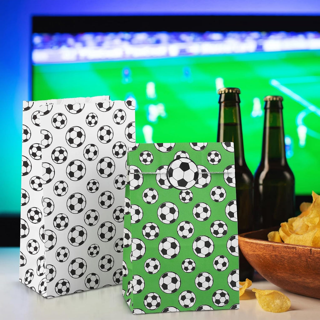 MIMIND 24 Pack Soccer Party Favor Paper Bags White Green Soccer Snack Bags with Stickers Birthday Goodie Treat Bags for Soccer Themed Decorations Games Sports Party Supplies