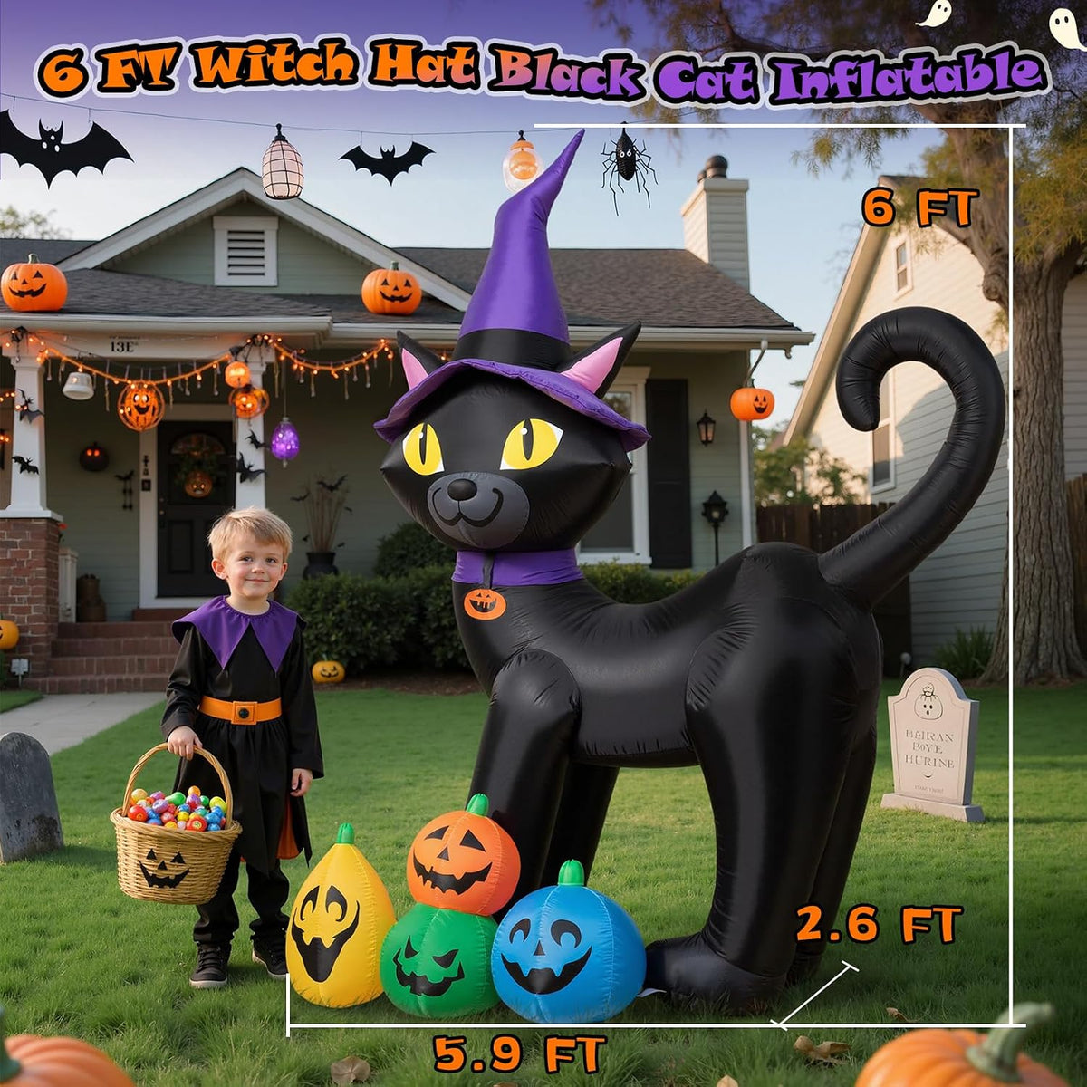 6FT Halloween Inflatable Black Cat with Witch Hat and 4 Colorful Pumpkins, Cu...