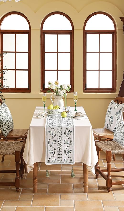 ISAENNE Designer White Elegant Linen Extra Long Table Runner 118 Inches,Chinoiserie Floral Decor Durable Table Runners for Dining Tables,Thanksgiving,Kitchen Tables,Christmas,12"*118"-Mosella D