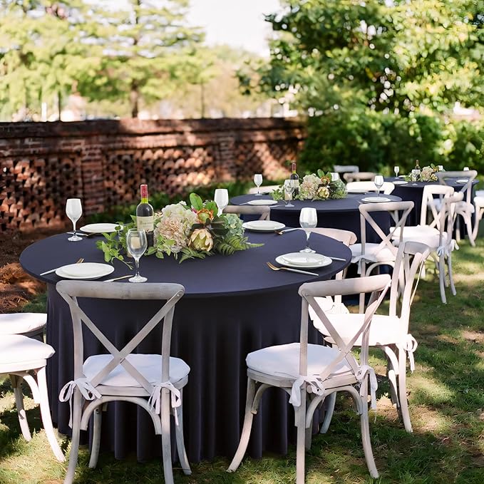 6 Pack Navy Blue Round Spandex Tablecloth 60 Inch, Wrinkle Free Stretch 120 Inch Fitted 5ft Navy Table Cloths Round Table Covers with Ruffle Skirt for Graduation Party Wedding Banquet