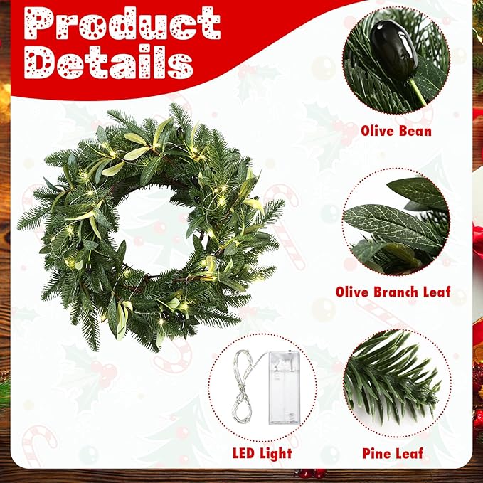 6.56 ft Christmas Artificial Olive Vine with Pine Garland with 9.84 ft LED Fairy Lights Battery Operated Green Dense Artificial Vines for Table Runner Center of Holiday Wedding Arch Party Mantle