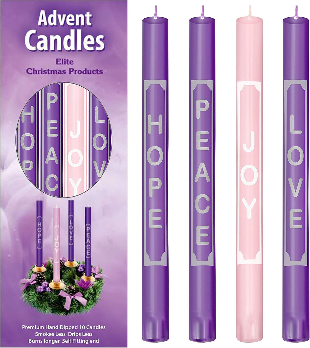 Advent Candles with Words Love, Peace, Hope, Joy On the Candles - Christmas Advent Candle Set of 4 for Advent Rings and Advent Wreaths- Premium Hand Made - Self Fitting End - for Church Advent Wreath