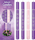 Advent Candles with Words Love, Peace, Hope, Joy On the Candles - Christmas Advent Candle Set of 4 for Advent Rings and Advent Wreaths- Premium Hand Made - Self Fitting End - for Church Advent Wreath