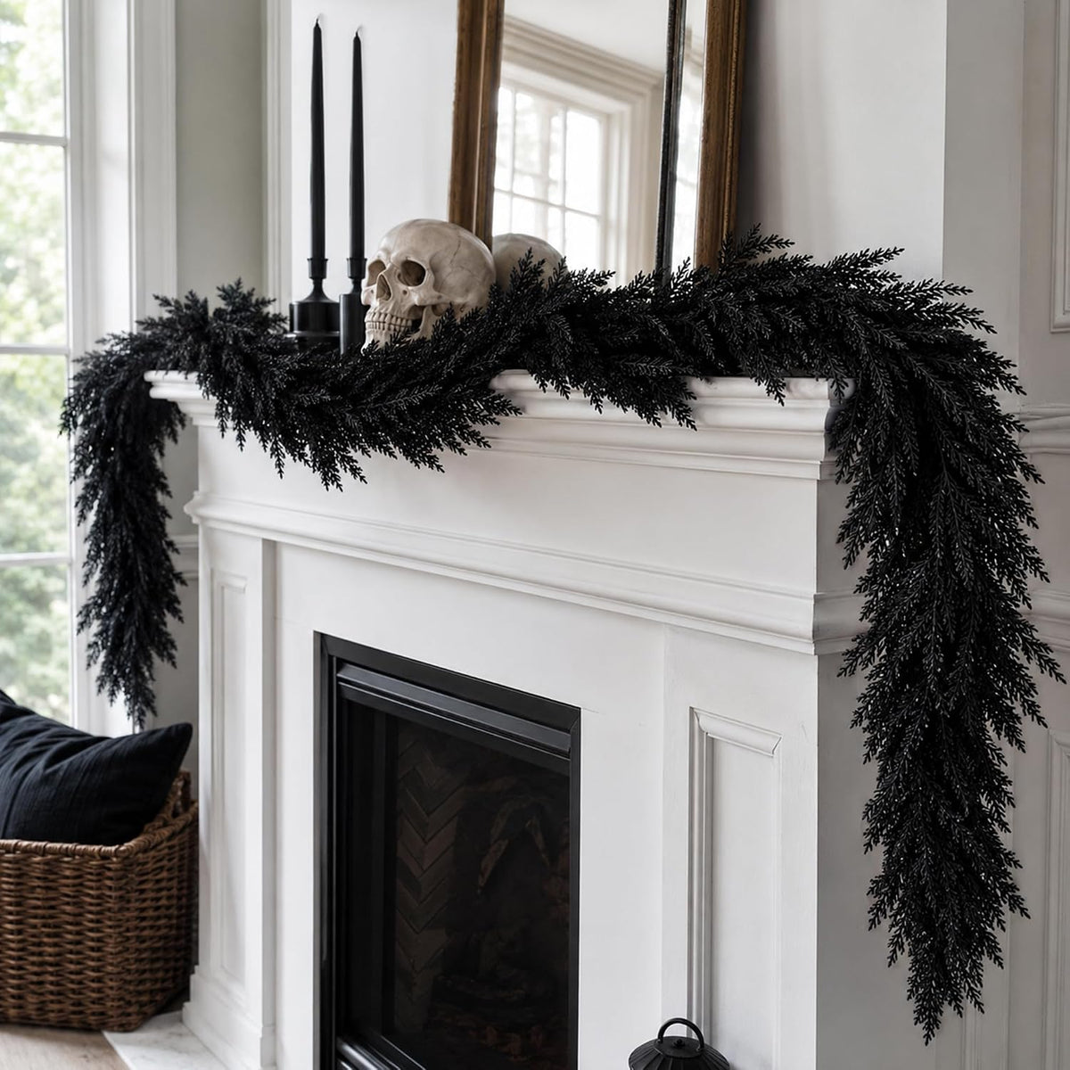 2 Pcs 6ft Black Halloween Cedar Garland, Gothic Vine Twig Mantle Decoration