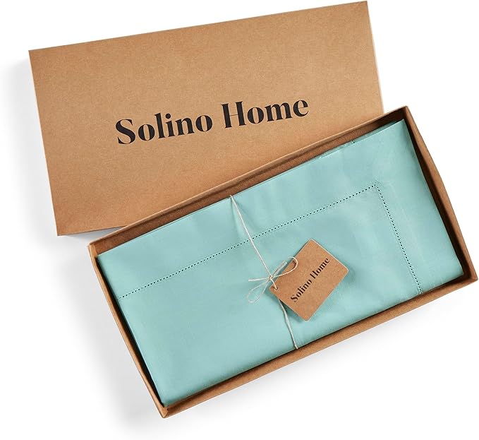 Solino Home Cotton Linen Table Runner 60 Inches - Pastel Turquoise Hemstitch Table Runner 14 x 60 Inch Ideal for Dresser and Coffee Tables