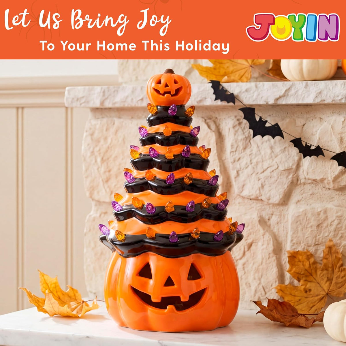 JOYIN 8.5 Inch Halloween Orange Pumpkin Ceramic Tree with Multicolor Bulbs, L...
