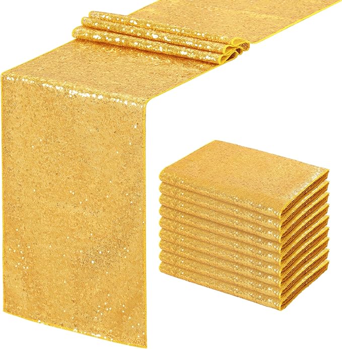 Gold Table Runners 10 Packs 12x108 Inches Sequin Dining Glitter Table Runner for Wedding Baby Shower Party Birthday Supplies Decorations