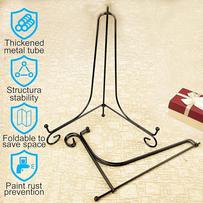 2PCS Premium Black Iron Plate Stands for Display 12 Inch, Decorative Solid Metal Plate Holders for Displaying, Mini Easel, Frame, Book, Card, Plaque, Bowl, Picture Stands for Display