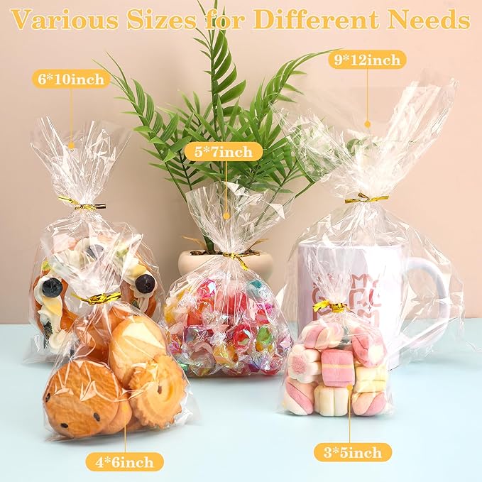 100 PCS Cellophane Treat Bags, 4x6 In Clear Cellophane Gift Bags with Twist Ties Plastic Goodie Bag for Party Favor Cookie Candy Popcorn Bakery Chocolate Gift Wrapping