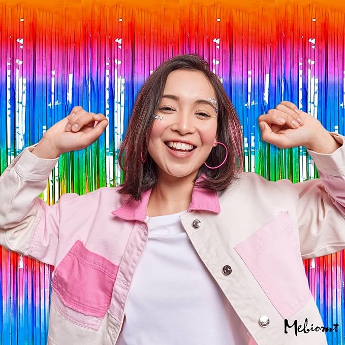 4 Pack New Dark Rainbow Fringe Curtain Backdrop, 3.2Ft x 6.6Ft Metallic Tinsel Foil Fringe Streamers Background for Photo Booth Birthday Wedding Carnival Easter Mother’s Day Party Decorations