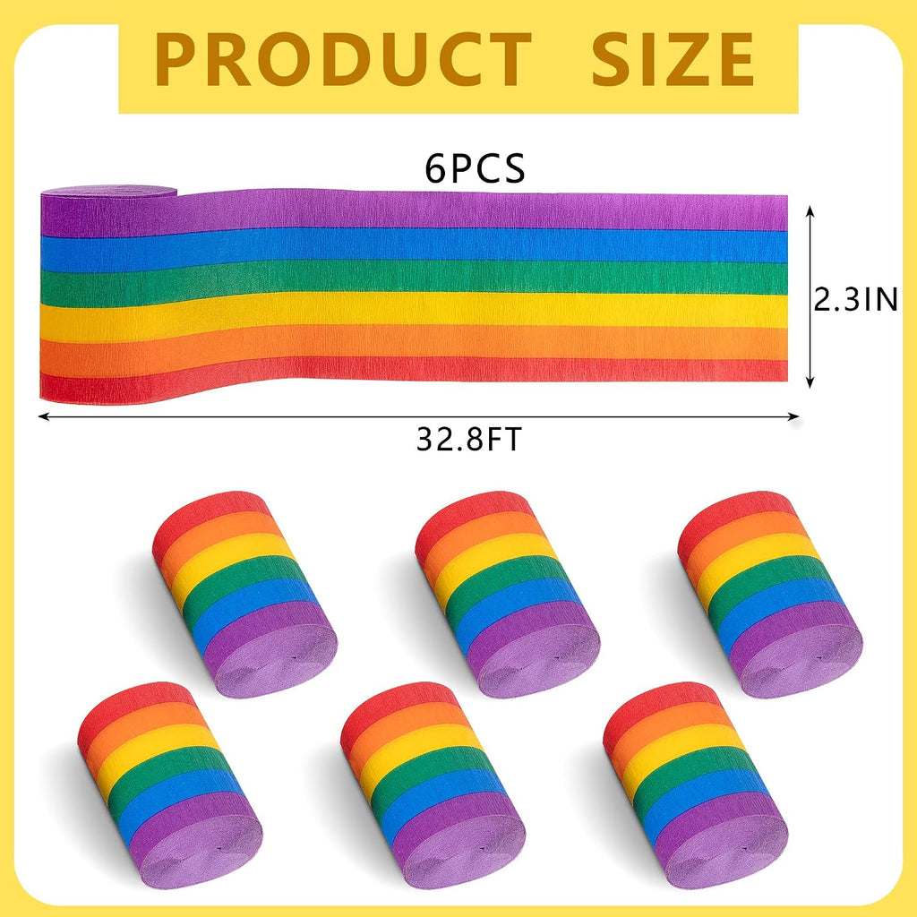 Tlswshsy 6 Rolls Rainbow Crepe Paper Streamers, 197 ft Colorful Crepe Rolls, Rainbow Streamer Paper Decoration for Pride Day Gay LGBT Birthday Wedding Ceremony Baby Shower Festivals Party DIY Crafts
