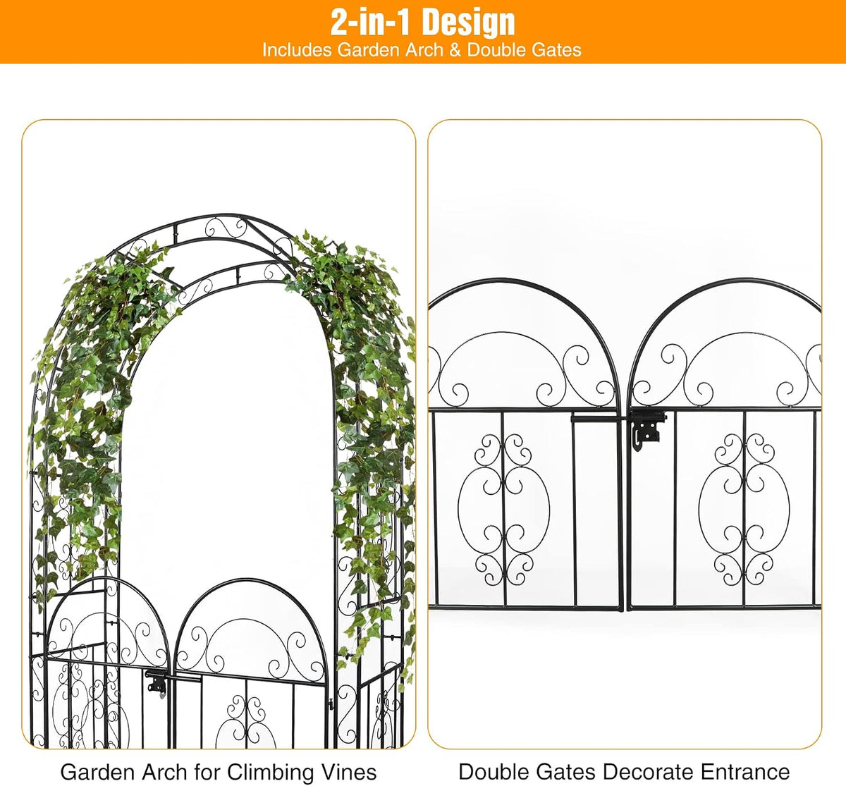 84in High Metal Garden Arbor with Gate, Heavy Duty Wide Garden Arch, Metal Ar...