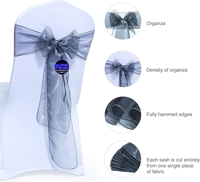 MDS Pack of 75 PCS Organza Chair Sashes Wider Dining Chair Bows Ribbon Tie Back for Wedding Party Birthday Bridal Shower Reception Event Banquet Home Chair Cover Decoration - Silver Gray