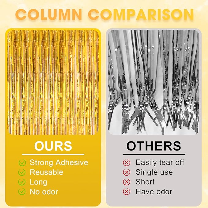 2 Pack Laser Gold Tinsel Foil Fringe Curtains, Gold Party Decorations, Metallic Tinsel Party Streamers Backdrop for Birthday Baby Shower Graduation Wedding New Years Party Decorations