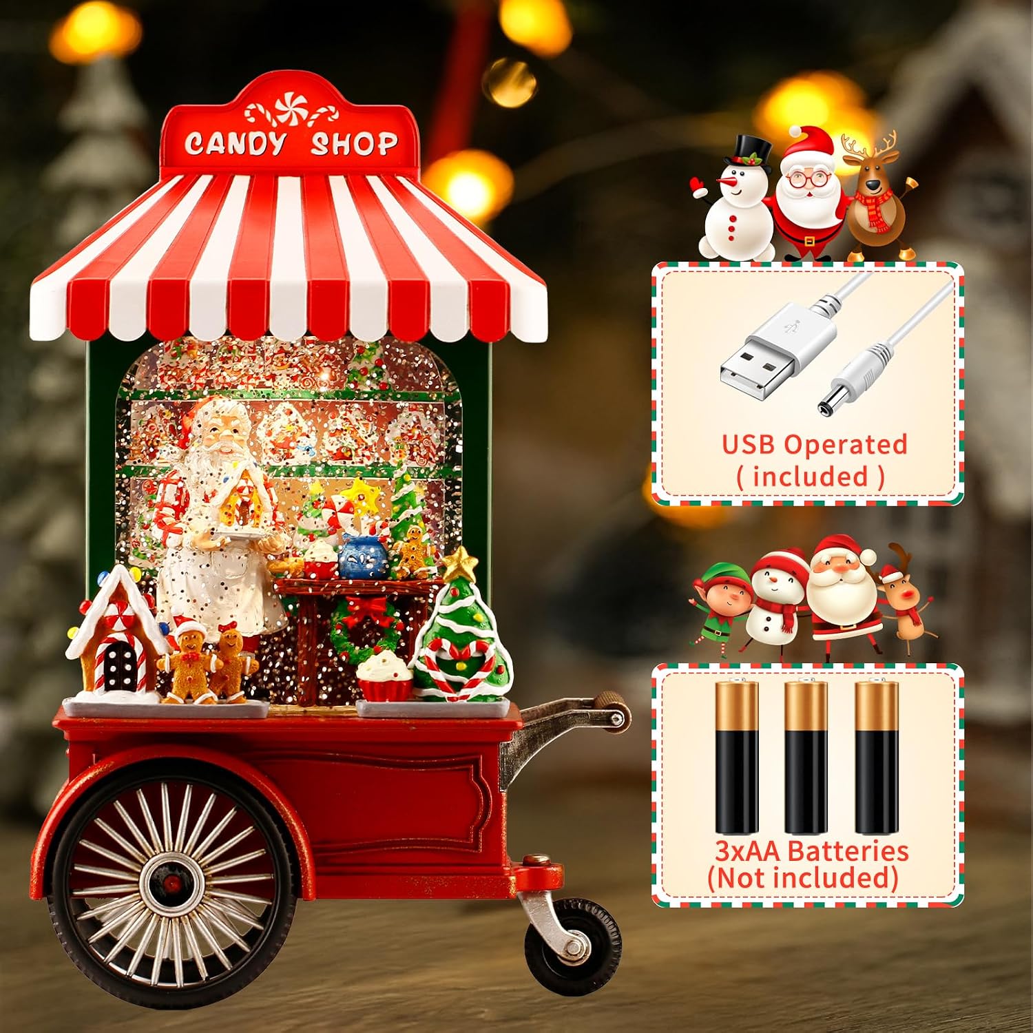 Christmas Snow Globe, Candy Cart Christmas Snow Globe with 6H Timer, 10.8 Inches Lighted Musical Santa Snow Globes, Spinning and Swirling Glitter Christmas Decorations Gifts