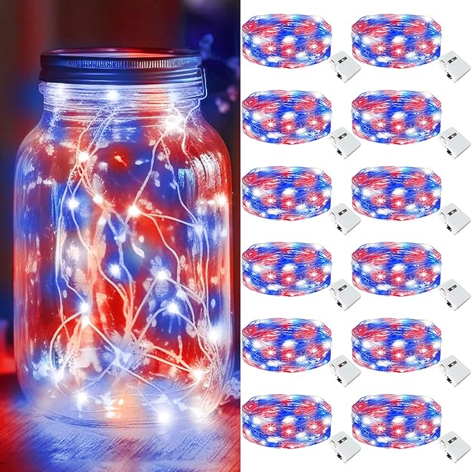 kolpop 12 Pack 4th of July Decor Patriotic Fairy Lights Battery Operated with 3 Modes, Red White Blue Twinkle String Lights Waterproof for Mason Jars Party