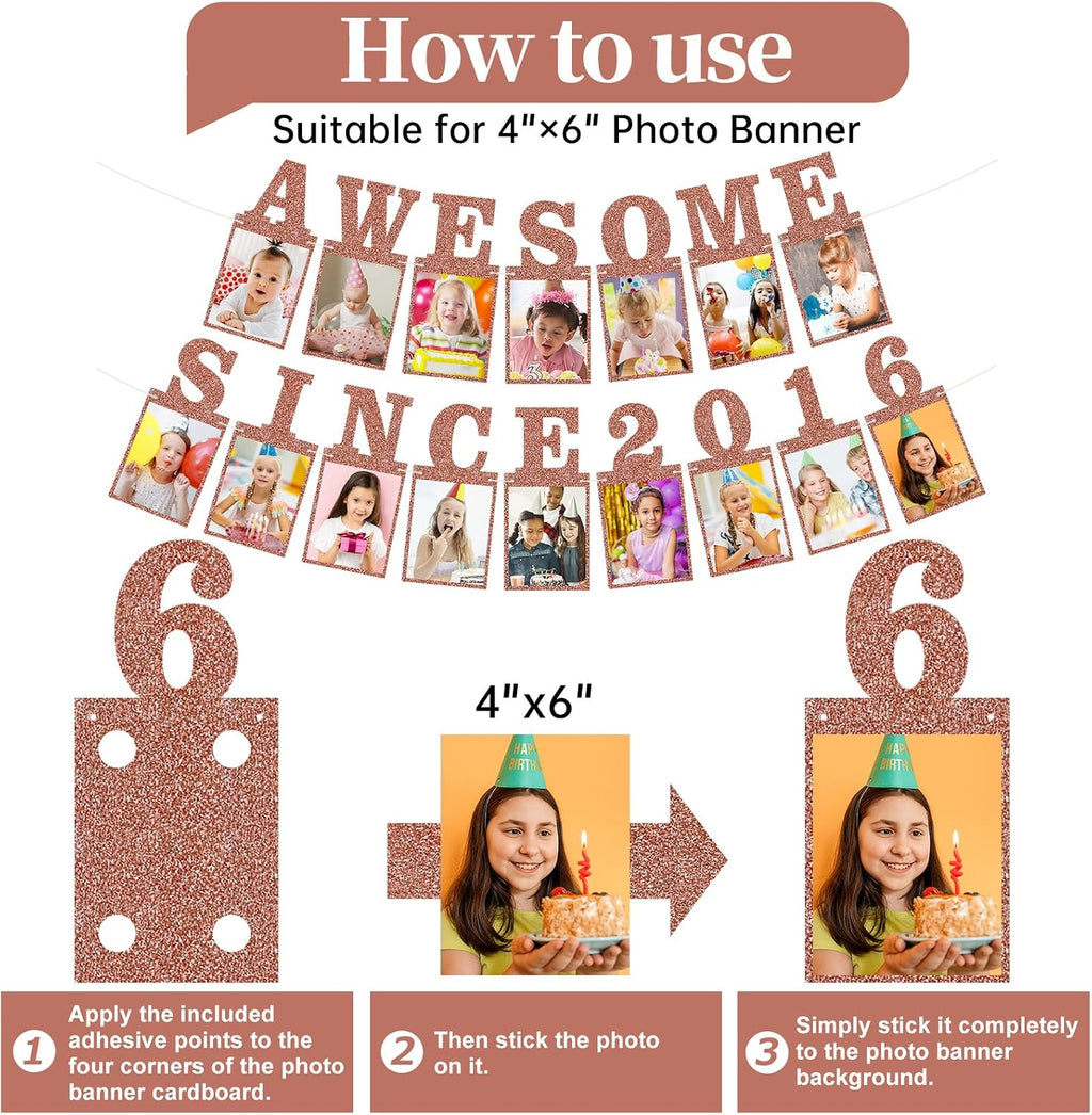 Pre-strung Awesome Since 2016 Photo Banner Birthday Decorations for Girls Women- Pink Rose Gold Glitter Happy 10th Birthday and Anniversary Decorations Party Supplies
