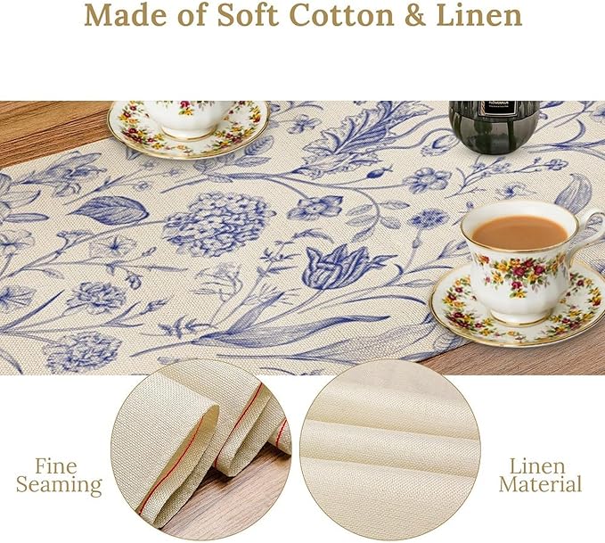 Monochrome Sketch Flowers Table Runner, Seasonal Spring Fall Plants Blue Florals Dinner Runner for Home Kitchen Dining Table Party Holiday Decoration 13"x70"