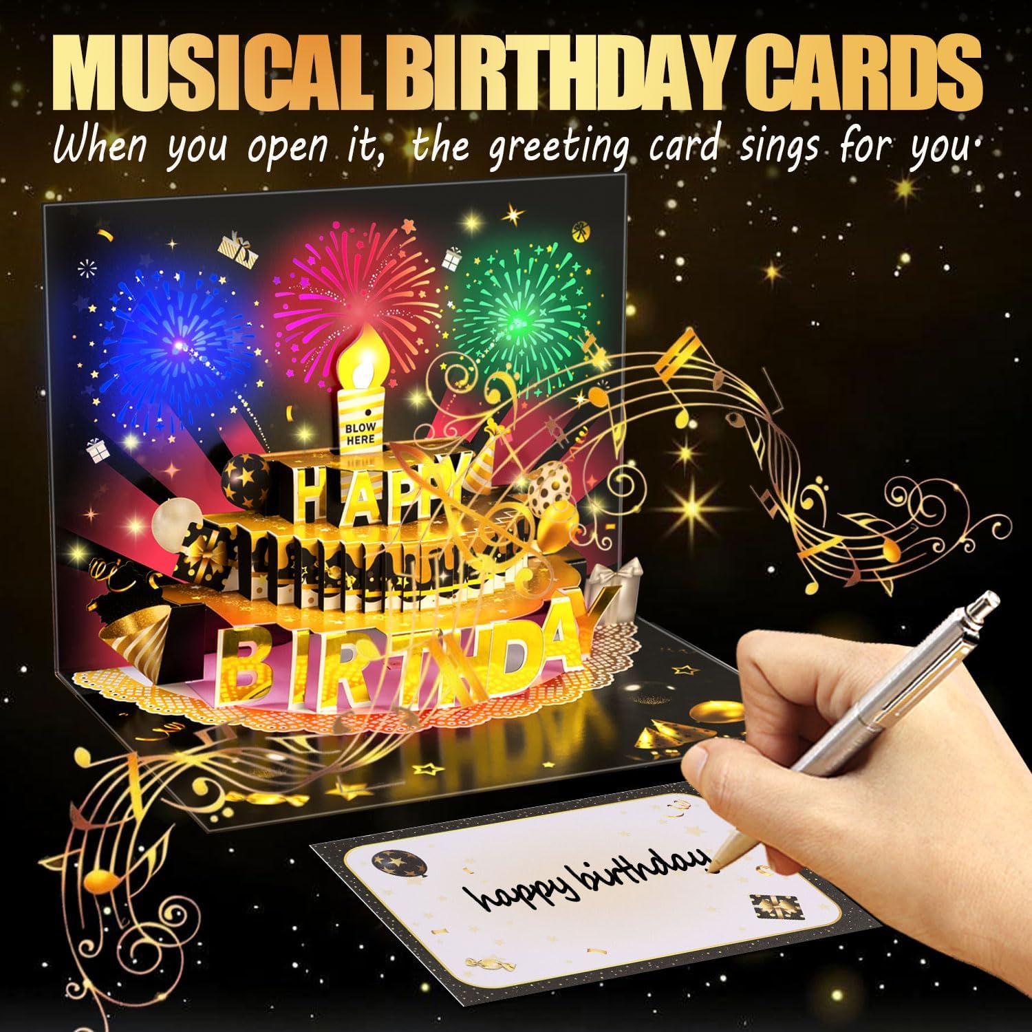 Pop Up Birthday Cards for Men - LED Light & Music with Blow The Candle, 3D Balloons, Singing Happy Birthday gifts Card for Husband - Women, Kids, Son, Her, & Dad