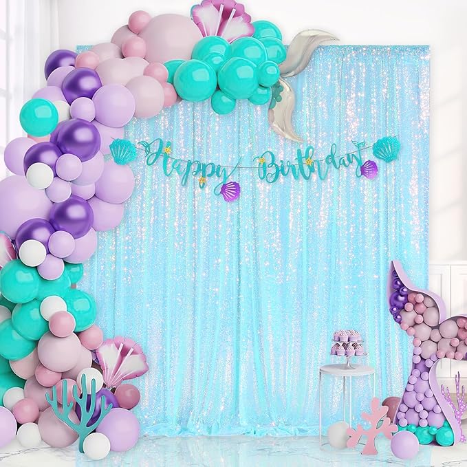 Blue Iridescent Sequin Backdrop Curtain 7ft x 7ft Glitter Photo Booth Backdrop for Wedding Birthday Baby Shower Event Decorations