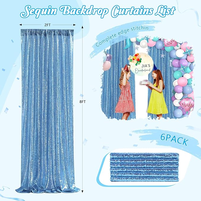 Baby Blue Backdrop Curtains for Party Sequin Fabric 12ftx8ft for Wedding Photography Background Home Decorations 6 Pieces 2ftx8ft