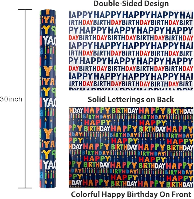 Birthday Wrapping Paper Roll - 30 Inch X 33 Feet - Reversible Metallic Foil Navy Blue Party Hat Theme Boy Gift Wrap Paper Blue Polka Dot Men Present Sheet for Kid Birthday, Party, Holiday, Celebration