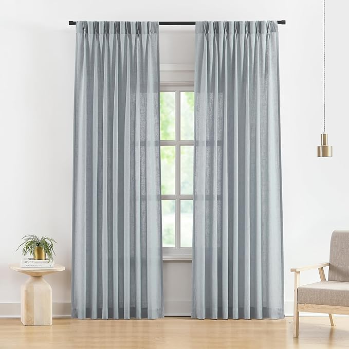 Vision Home Blue Pinch Pleated Semi Sheer Curtains Linen Blended Light Filtering Window Curtains 90 inch for Living Room Bedroom Pinch Pleat Drapes with Hooks 2 Panels 40" Wx90 L,Blueish Gray