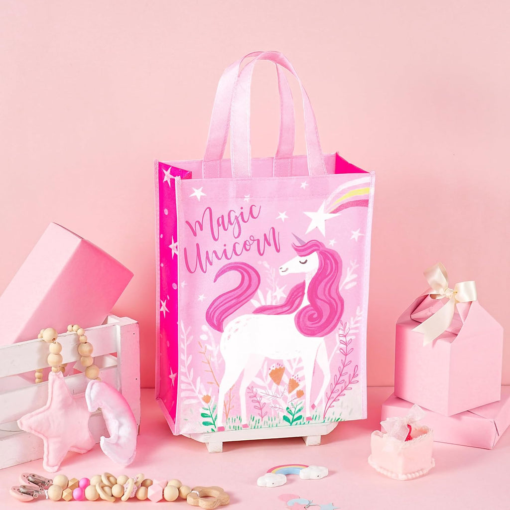 Loveinside Unicorn Reusable Gift Bag, Pink Magic Unicorn and Stars Design Medium Recycled Pink Gift Bag for Girls, Kids, Birthday, Baby Shower, Party Favor, 10" x 5" x 13", 1 Pcs